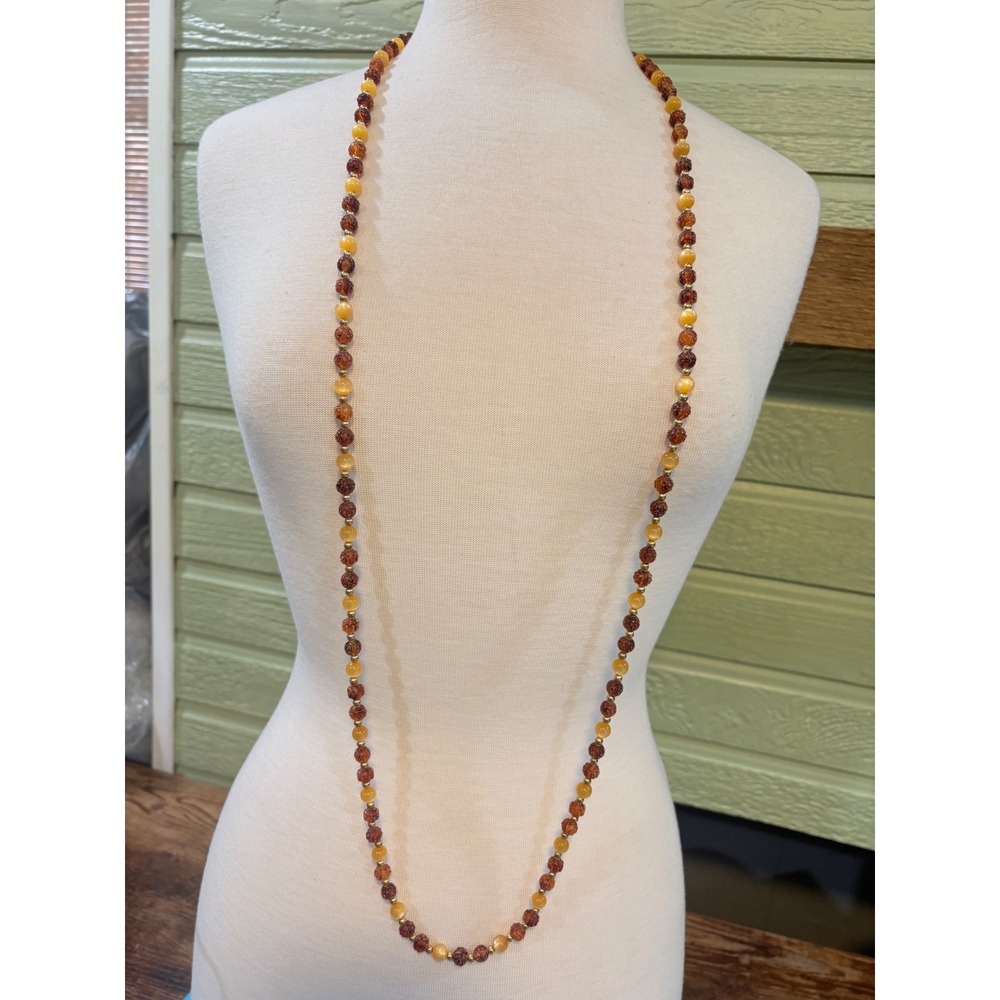 Vintage Amber Yellow Carved Floral Beaded Opera Necklace 50 Inch Long Boho Retro